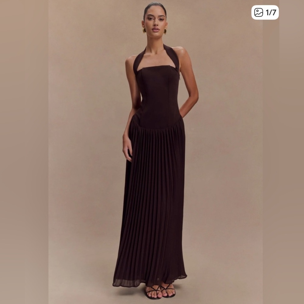 Meshki Brown Pleated Halter Maxi Gown- VIRAL. Sold out - Picture 2 of 5